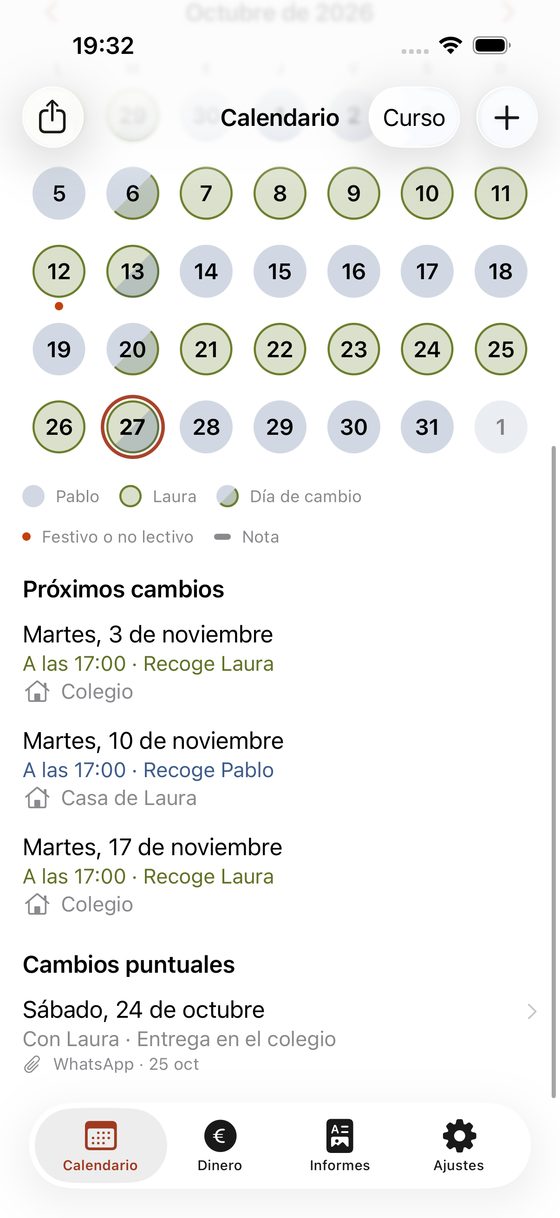 Calendario con la lista de cambios puntuales y su captura de WhatsApp