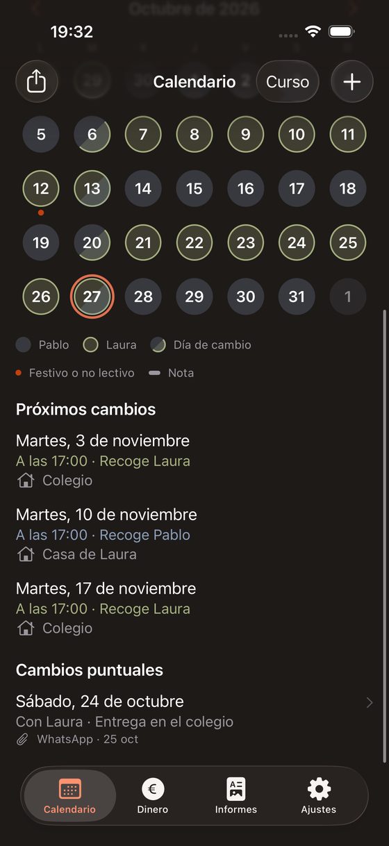 Calendario con la lista de cambios puntuales y su captura de WhatsApp