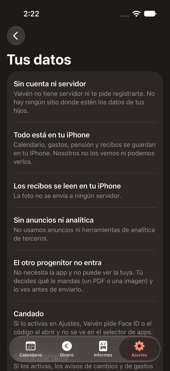 Pantalla Tus datos de Vaivén: sin cuenta ni servidor, todo está en tu iPhone