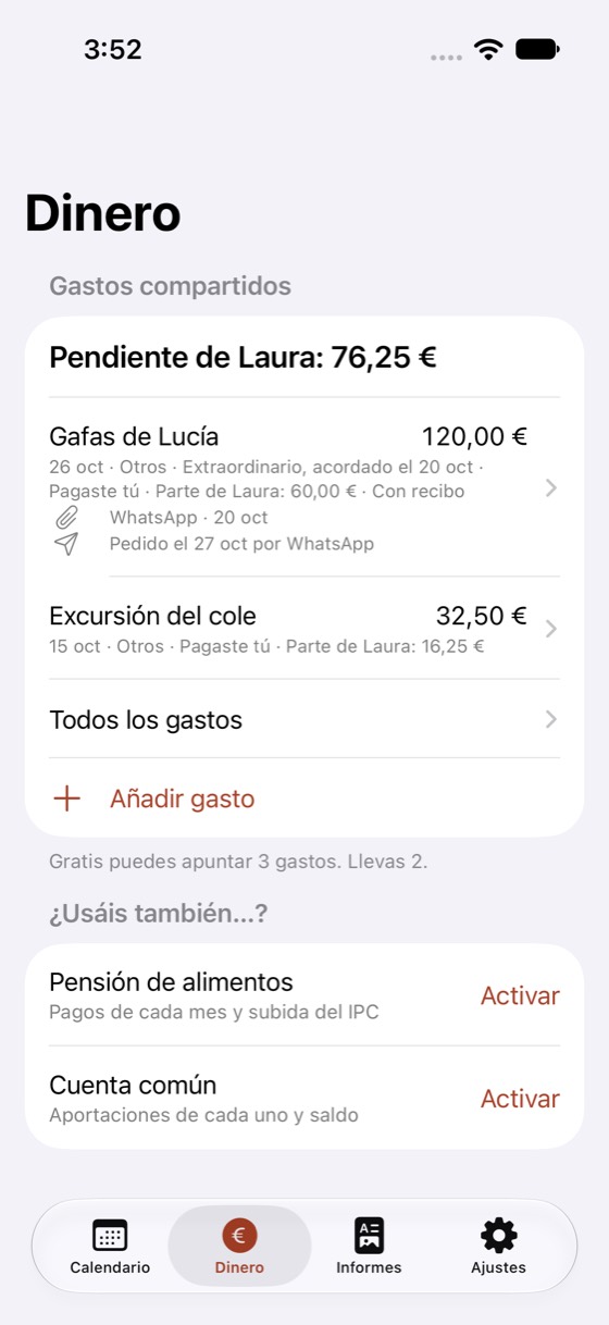 Pantalla Dinero con el texto en tamaño normal: pendiente de Laura 76,25 €