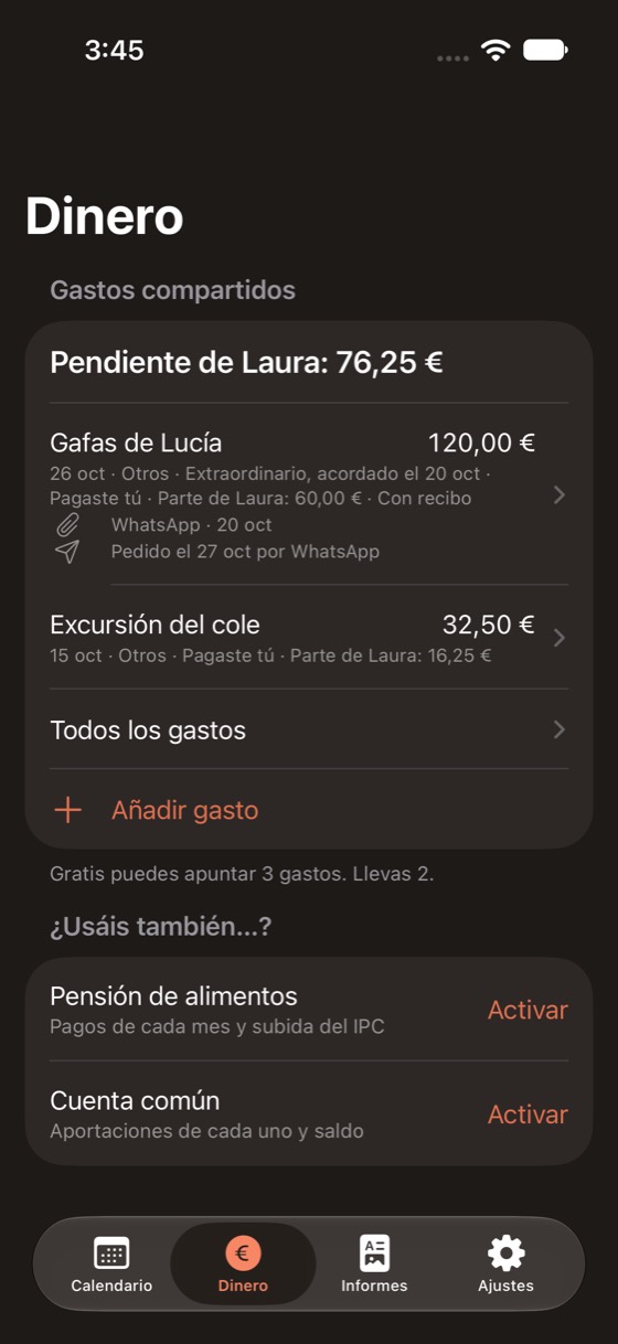 Pantalla Dinero con el texto en tamaño normal: pendiente de Laura 76,25 €