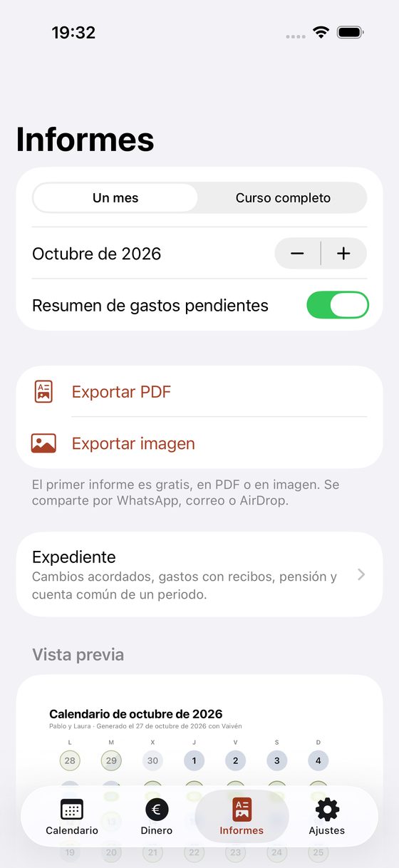 Pantalla Informes: el mes elegido, exportar en PDF o en imagen y la vista previa del calendario