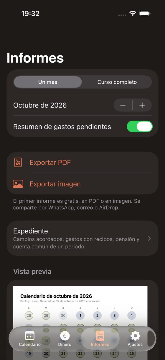 Pantalla Informes: el mes elegido, exportar en PDF o en imagen y la vista previa del calendario