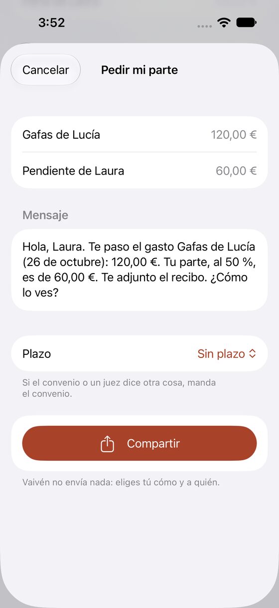 Pantalla Pedir mi parte con el mensaje ya escrito y el botón Compartir