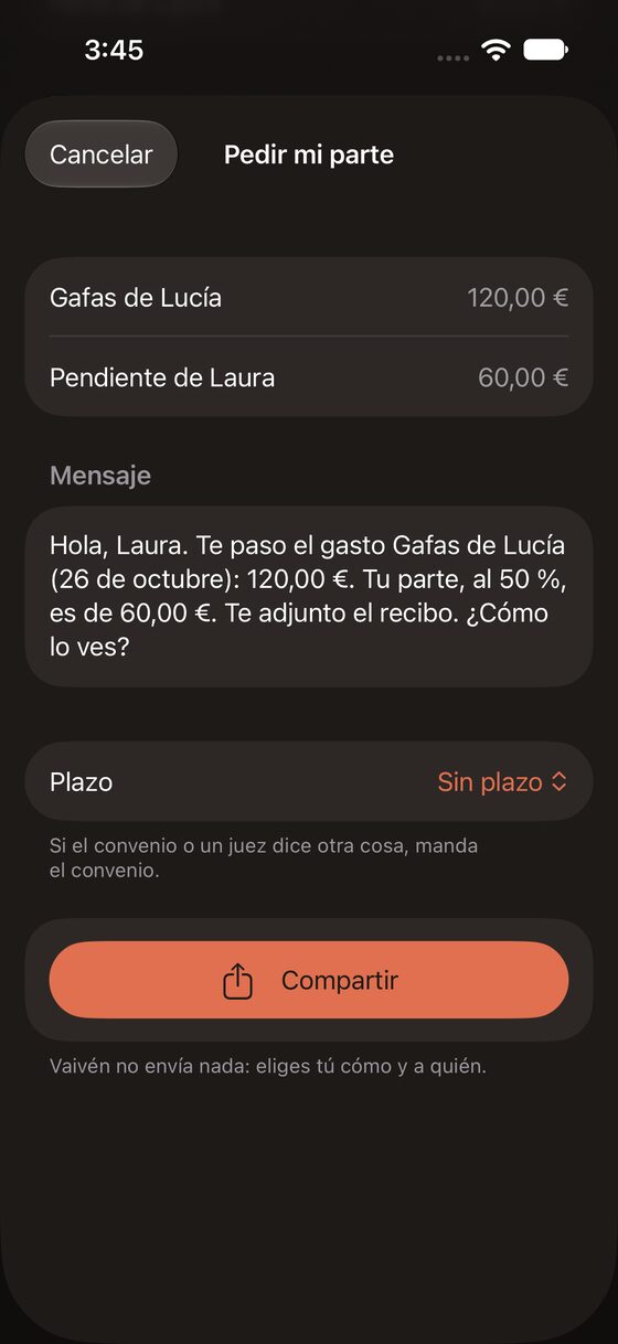 Pantalla Pedir mi parte con el mensaje ya escrito y el botón Compartir