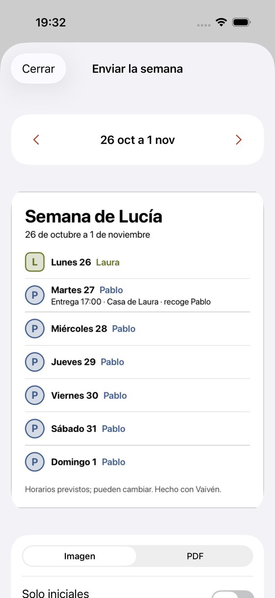 Pantalla Enviar la semana: la semana de Lucía, día a día, con quién está y la hora de la entrega
