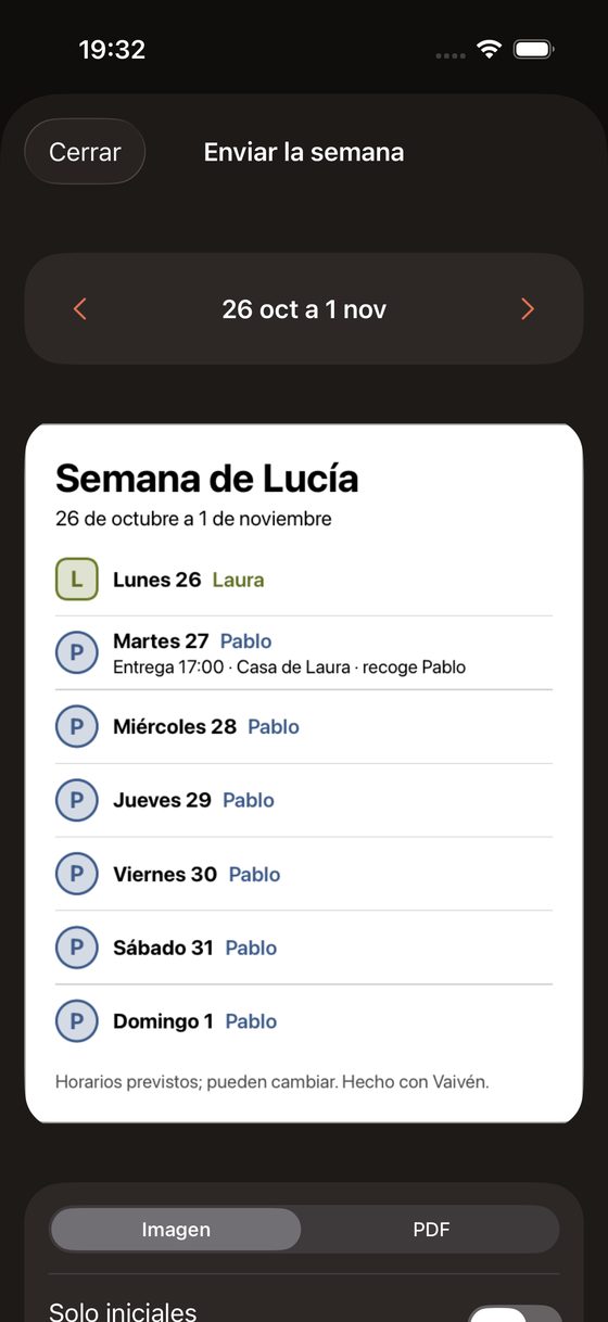 Pantalla Enviar la semana: la semana de Lucía, día a día, con quién está y la hora de la entrega